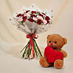 Carnation n Red Roses Bouquet with Teddy
