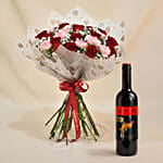 Carnation n Red Roses Bouquet with Wine