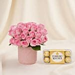 Premium Vase Pink Rose Valentine Gift with Chocolates for Vday