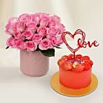 Premium Vase Pink Rose Valentine's Gift with Cake for Vday