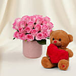 Premium Vase Pink Rose Valentine's Gift with Teddy Bear