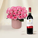 Premium Vase Pink Rose Valentine's Gift with Wine for Valentine's