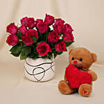 Romantic Dark Pink Roses for Valentine's Day with Teddy Bear