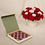 Roses and Carnations in Premium Vase with Chocolates for Vday