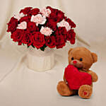 Roses and Carnations in Premium Vase with Teddy Bear
