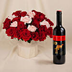 Roses and Carnations in Premium Vase with Wine for Vday