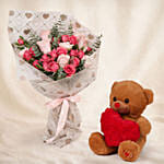 Roses n Carnation Blush Bouquet with Teddy