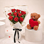 Valentine's 9 Roses N Teddy Bear Combo