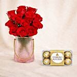 Valentine's Roses Elegance Vase with Chocolates Set