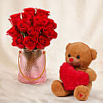 Valentine's Roses Elegance Vase with Teddy Bear