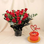 Beautiful Bouquet Of 24 Red Roses with Cake For Valentine's Day