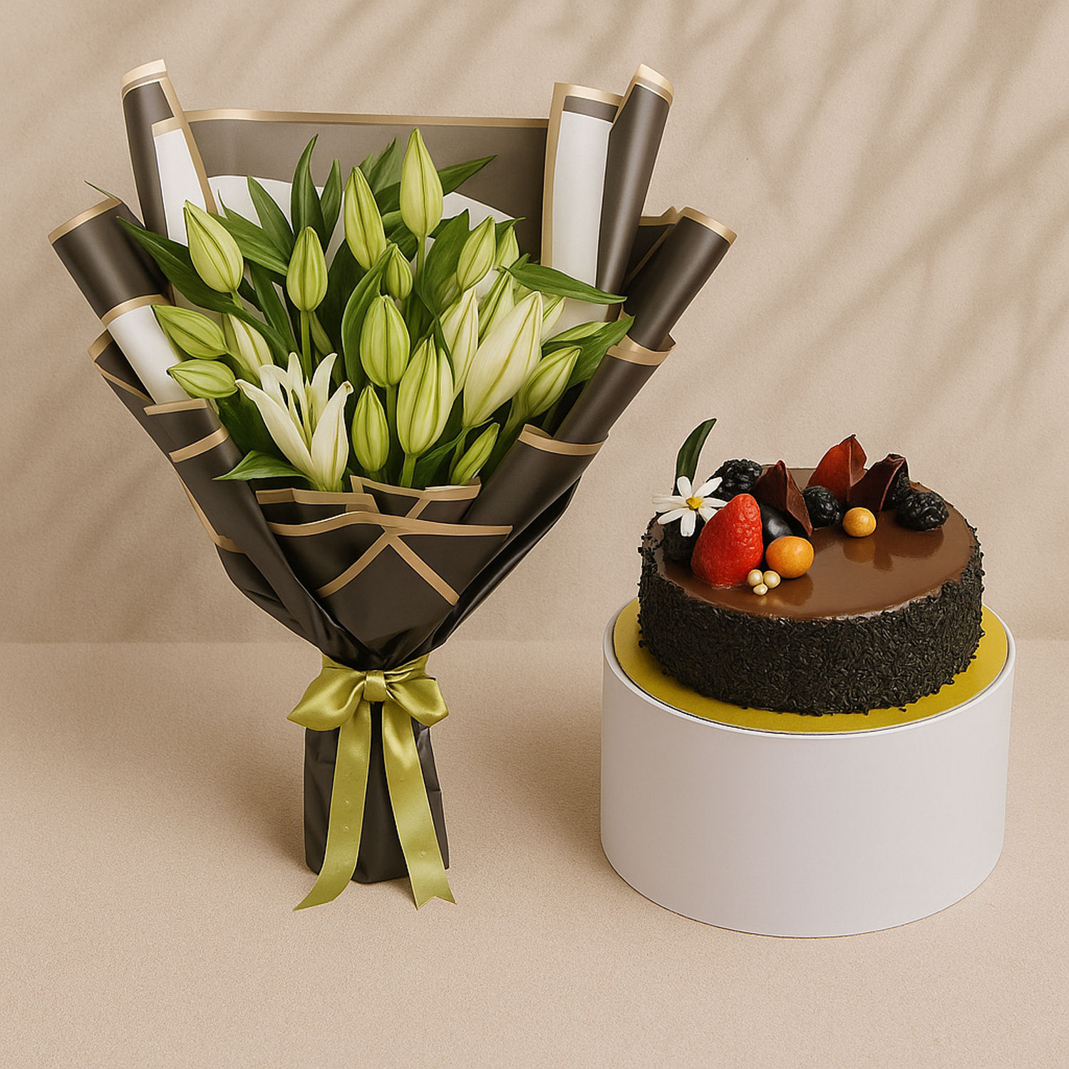 Order Luxury Lilies With Chocolate Fudge Fantasy Cake Online | Same-Day ...