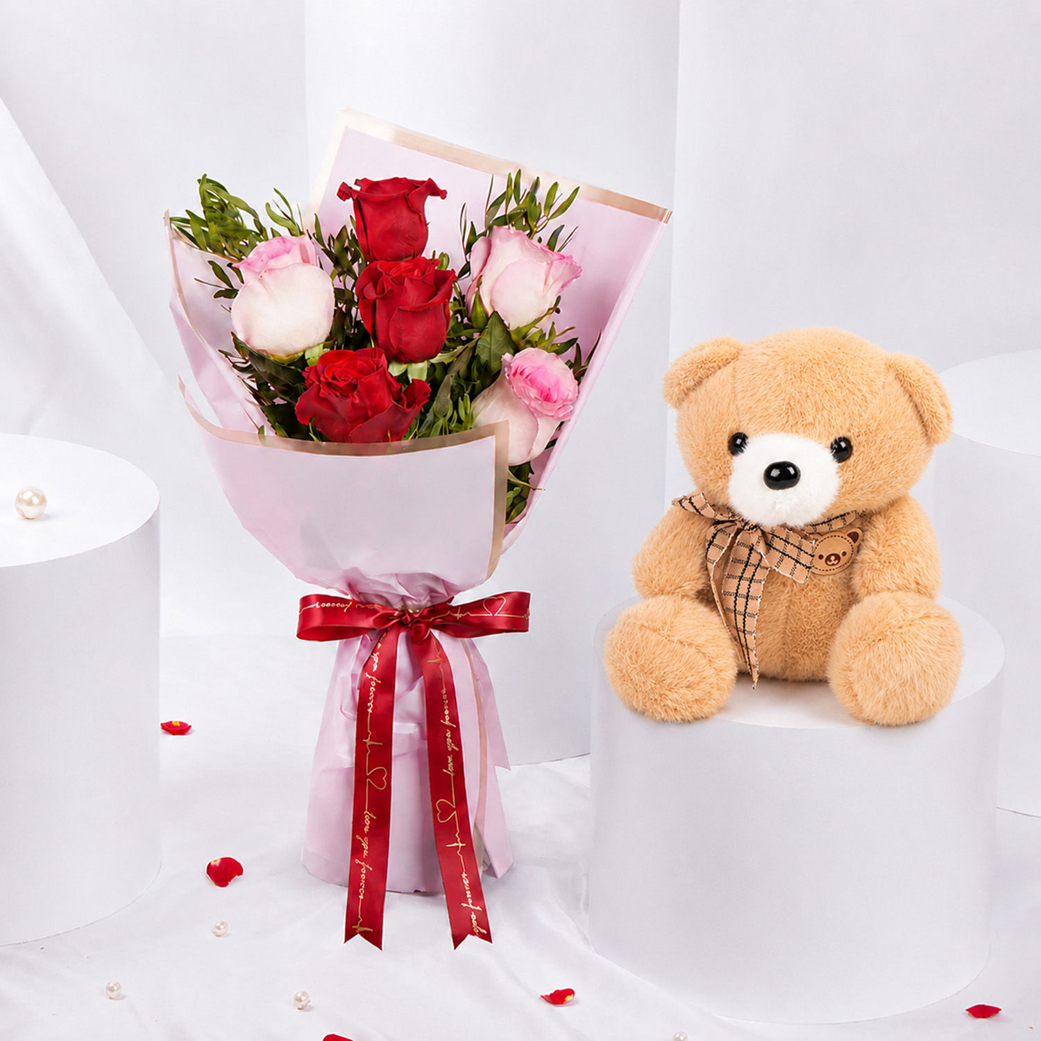 Order Pink and Red Roses Beauty Bouquet With Teddy Bear For Valentines ...